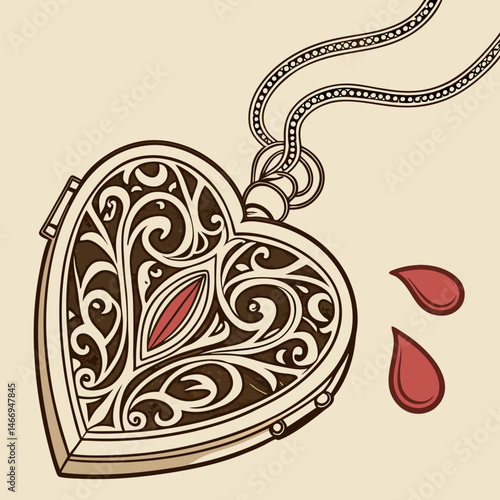 a heart shaped locket with a red heart on it