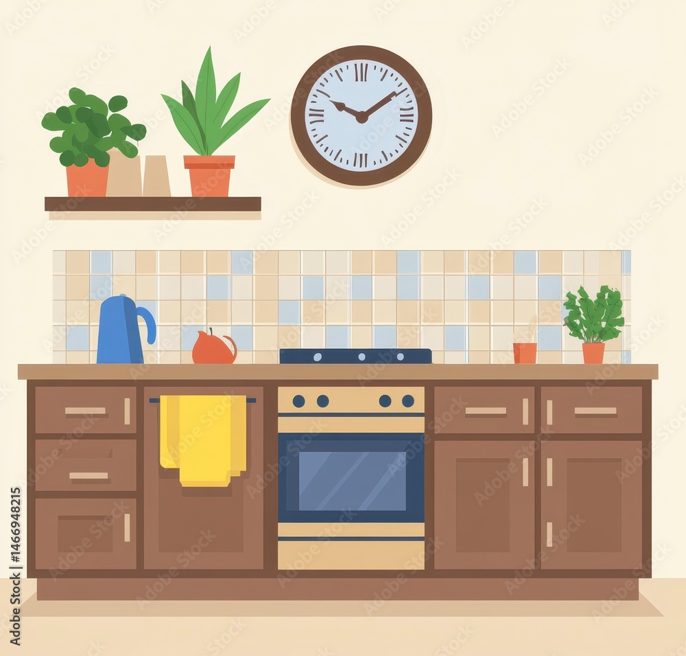 Fototapeta premium A flat vector illustration of a simple kitchen scene with brown cabinets