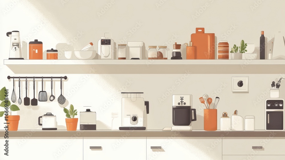 Fototapeta premium A kitchen scene with an empty shelf on the wall