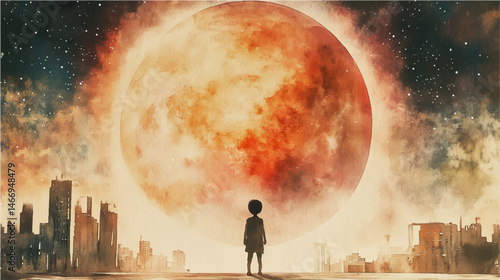 Vector illustration. A little boy looks at a large glowing planet. Watercolor painting.