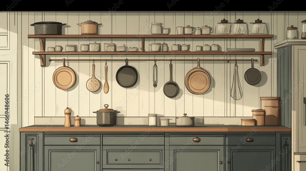 Obraz premium A kitchen scene with cabinets, shelves,