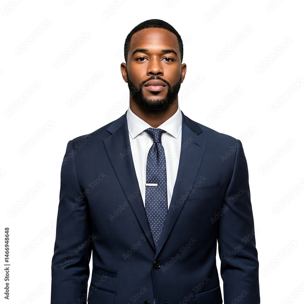 Serious Black Businessman in Dark Blue Suit Looking Forward Serious Black Businessman in Dark Blue Suit Looking Forward