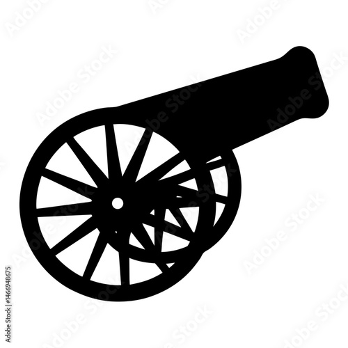 Silhouette of an antique cannon with a wheel carriage on a white background