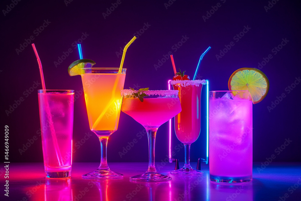 Bright cocktails illuminated by neon lights create a party atmosphere with dedicated space for promotional message Bright cocktails illuminated by neon lights create a party atmosphere with dedicated space for promotional message