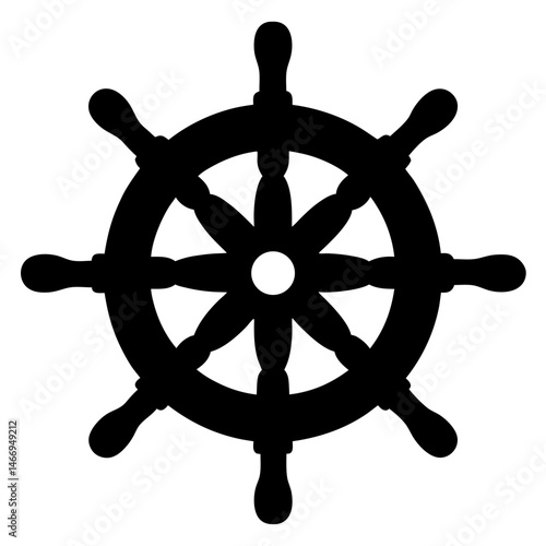 A monochrome image of a ship's steering wheel in black silhouette