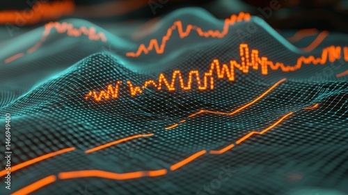 Abstract digital visualization of fluctuating financial data represented as glowing lines over grid landscape
