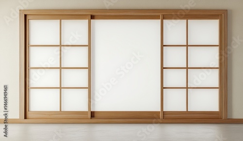 A photograph of an empty Japanese sliding window with a light brown frame and white glass