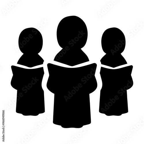 A choir of three people singing from sheet music in silhouette
