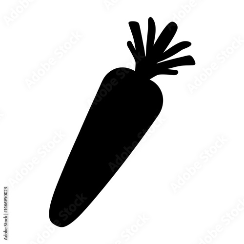 Simple black silhouette of a carrot with leafy greens isolated on white