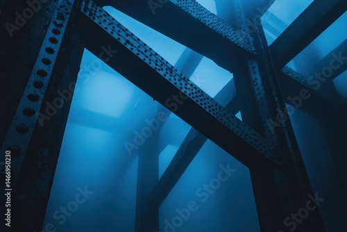 Underwater view of intricate metal support structures.