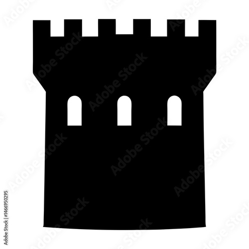 Black silhouette of a castle tower structure with fortified walls and arches