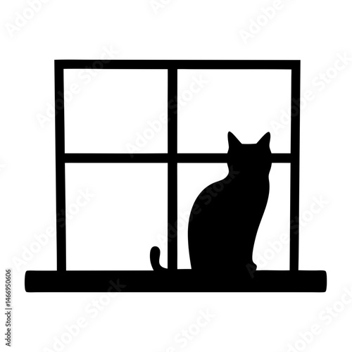 A simple silhouette of a cat sitting on a windowsill looking out