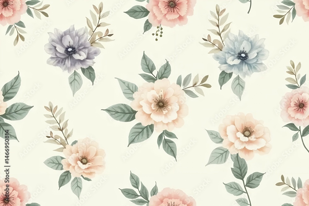 Soft hand-painted seamless floral pattern in cream, blush, periwinkle, and sage green hues. Soft hand-painted seamless floral pattern in cream, blush, periwinkle, and sage green hues.
