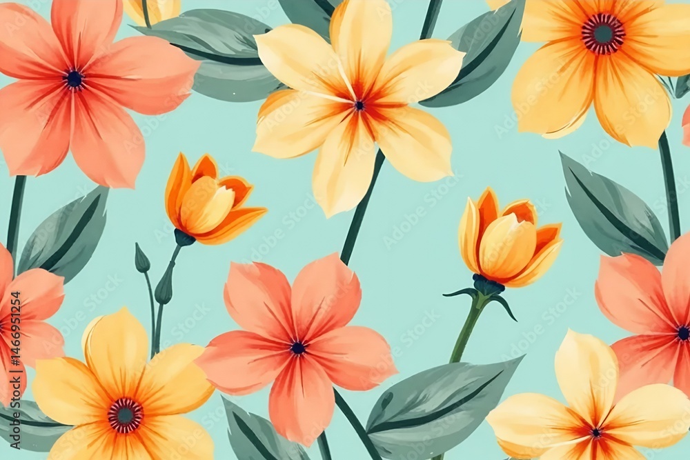 custom made wallpaper toronto digitalSeamless hand-painted floral pattern with warm coral, peach, and golden-yellow blooms. 