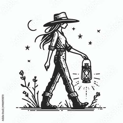 Cowgirl Walking with lantern. Western cowgirl Outline Clipart line art doodle vector illustration. maiden strolling carrying light rural journey at sundown.