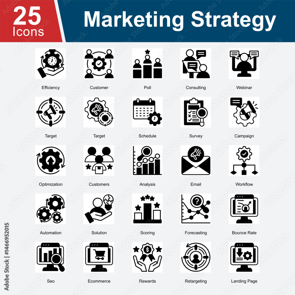 Marketing Strategy is a collection of icons representing the processes of campaign planning, customer targeting, optimization, survey analysis, forecasting, email marketing, e-commerce. Marketing Strategy is a collection of icons representing the processes of campaign planning, customer targeting, optimization, survey analysis, forecasting, email marketing, e-commerce.