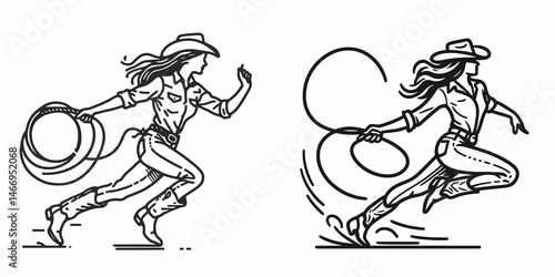 Cowgirl Throwing a rope. Western cowgirl Outline Clipart line art doodle vector illustration. Ranch woman hurling cord heritage rural tradition lasso action.