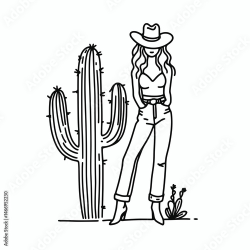 Cowgirl Standing with cactus. Western cowgirl Outline Clipart line art doodle vector illustration. female posing by desert flora southwest vista rural scene ranch image.