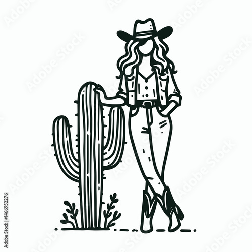Cowgirl Standing with cactus. Western cowgirl Outline Clipart line art doodle vector illustration. woman posing near desert plant arid region vista rural scene.