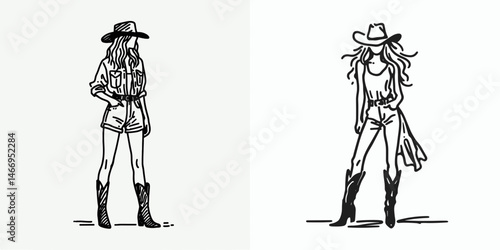 Cowgirl Standing tall with boots. Western cowgirl Outline Clipart line art doodle vector illustration. woman posing upright high footwear country vibe freedom icon.