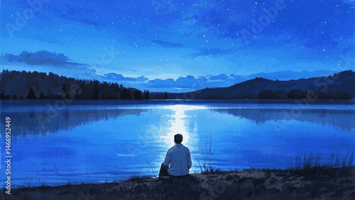 Horizon’s Companion: Fluid Serenity man and lake isolated watercolor vector illustration svg