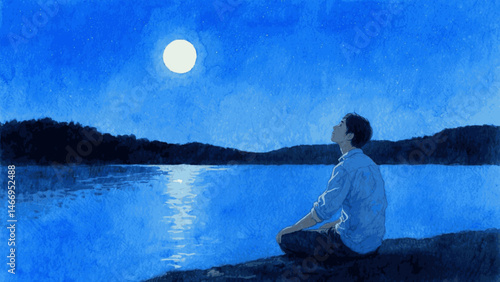 Solitude in Hues: Lakeside Reverie man and lake isolated watercolor vector illustration svg