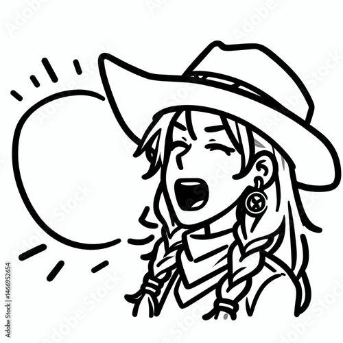 Cowgirl Shouting œYeehaw. Western cowgirl Outline Clipart line art doodle vector illustration. Ranch maiden yelling excitement vocal declaration country joy.