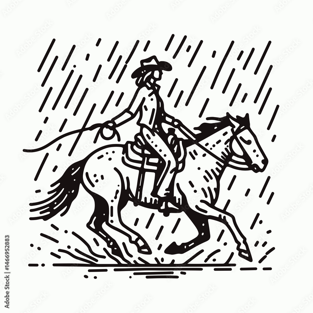 Fototapeta premium Cowgirl Riding in rain. Western cowgirl Outline Clipart line art doodle vector illustration. Equestrian female journey mounted amid a cloudburst country adventure.