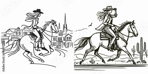 Cowgirl Riding into town. Western cowgirl Outline Clipart line art doodle vector illustration. woman astride a horse approaching the settlement rural scene image.