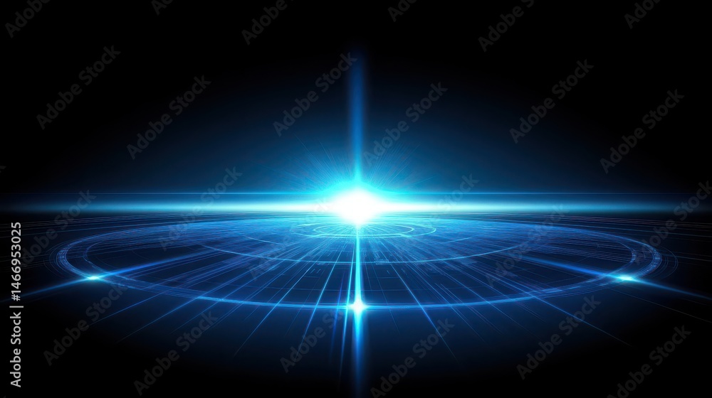 Fototapeta premium Bright glowing light beam emerging from dark background with radial patterns and blue tones, futuristic and ethereal effects