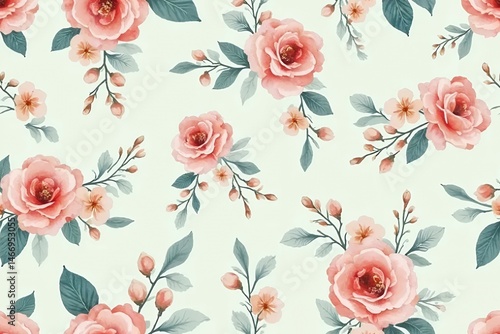 Wallpaper Mural Hand-painted seamless floral pattern with soft coral pink flowers, dusty teal leaves, and light peach berries on a pale mint background.  Torontodigital.ca