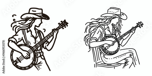Cowgirl Playing the banjo. Western cowgirl Outline Clipart line art doodle vector illustration. woman strumming instrument folk music rural activity stringed artwork.