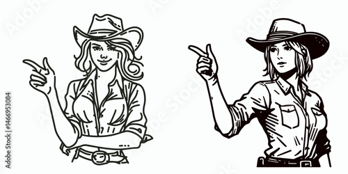 Cowgirl Pointing finger. Western cowgirl Outline Clipart line art doodle vector illustration. Ranch woman gesturing indicating direction fashion persona rural scene.