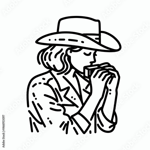 Cowgirl Playing harmonica. Western cowgirl Outline Clipart line art doodle vector illustration. lady strumming mouth organ rural music genre vibe female player.