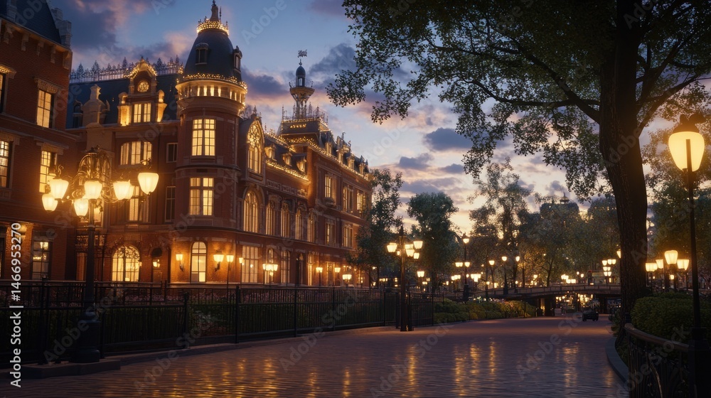 Fototapeta premium Evening Illumination: A Majestic European Building on a Calm Canal