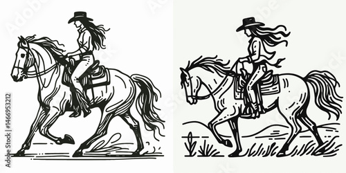 Cowgirl Mounting a horse. Western cowgirl Outline Clipart line art doodle vector illustration. female rider ascending steed equestrian sport ranch lifestyle theme.