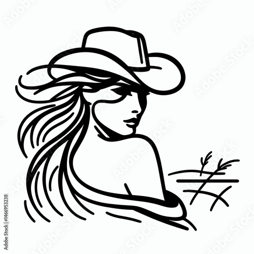 Cowgirl Looking over shoulder. Western cowgirl Outline Clipart line art doodle vector illustration. woman gazing backward rural attire shoulder glance ranch theme.