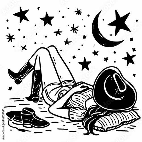 Cowgirl Lying under stars. Western cowgirl Outline Clipart line art doodle vector illustration. maiden reclining beneath celestial gleam astral panorama above.