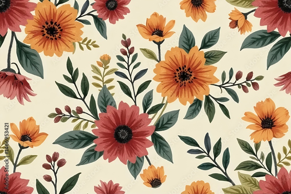 Hand-painted seamless floral pattern with deep maroon, burnt orange, mustard yellow, and forest green flowers on a warm sand-colored background. Hand-painted seamless floral pattern with deep maroon, burnt orange, mustard yellow, and forest green flowers on a warm sand-colored background.