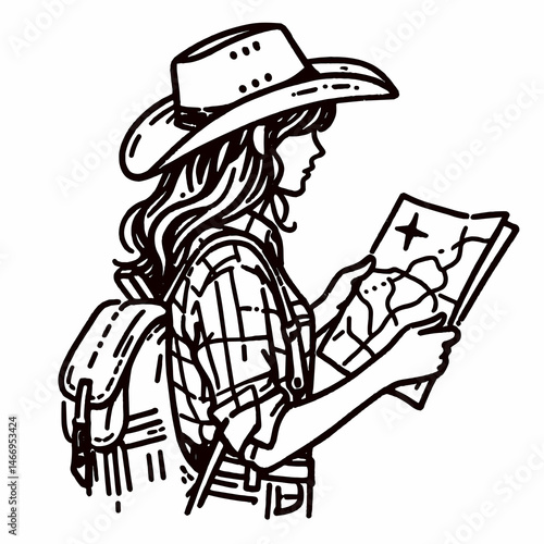 Cowgirl Looking at map. Western cowgirl Outline Clipart line art doodle vector illustration. maiden viewing cartography rural explorer planning outdoor journey.