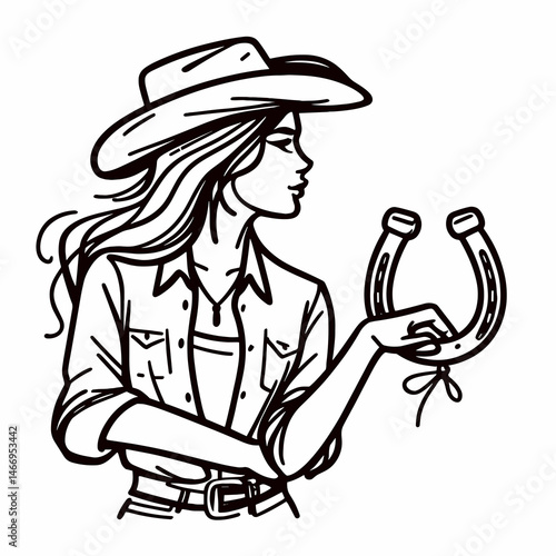 Cowgirl Looking at horseshoe. Western cowgirl Outline Clipart line art doodle vector illustration. Equestrian gazing luck emblem ranch woman observing iron charm country girl.