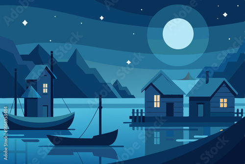 peaceful fishing village by moonlight with boats
