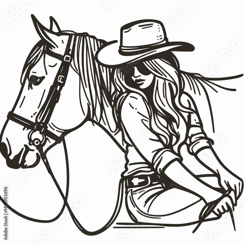 Cowgirl Leaning on horse. Western cowgirl Outline Clipart line art doodle vector illustration. Ranch woman rests near equine enjoying vista country theme.