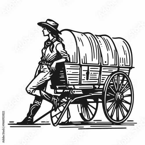 Cowgirl Leaning against wagon. Western cowgirl Outline Clipart line art doodle vector illustration. woman propped near conveyance ranch attire rural vista freedom theme.