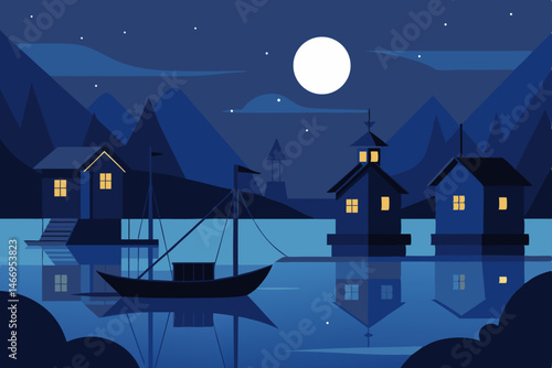 peaceful fishing village by moonlight with boats 