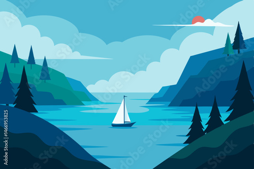 peaceful fjord landscape with sailboats drifting 