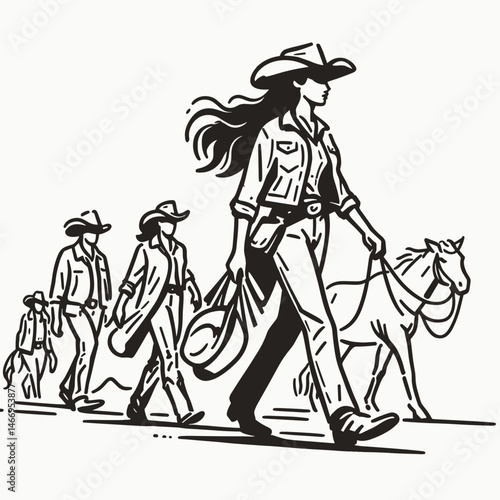 Cowgirl Leading a group. Western cowgirl Outline Clipart line art doodle vector illustration. Ranch woman guiding posse lifestyle adventure with female figure.