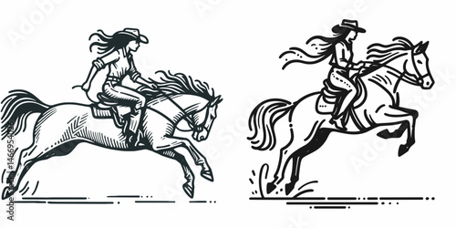 Cowgirl Jumping off horse. Western cowgirl Outline Clipart line art doodle vector illustration. Female rider vaulting from equine a action scene in ranching lifestyle.
