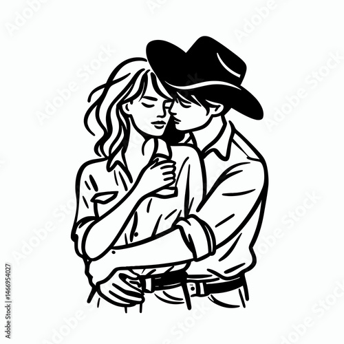 Cowgirl Hugging partner. Western cowgirl Outline Clipart line art doodle vector illustration. Ranch maiden fondness mate embrace pal for comfort.