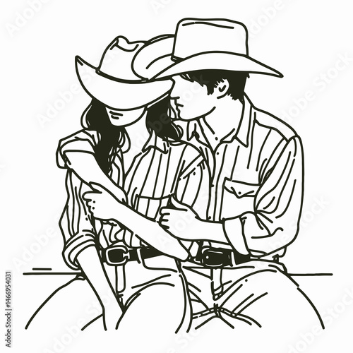Cowgirl Hugging partner. Western cowgirl Outline Clipart line art doodle vector illustration. Ranch girl embracing companion lifestyle comfort figure.